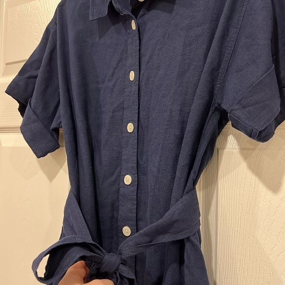 J. Crew Factory Linen-blend Belted Mini Shirtdress Navy Blue Size Small - Picture 3 of 9